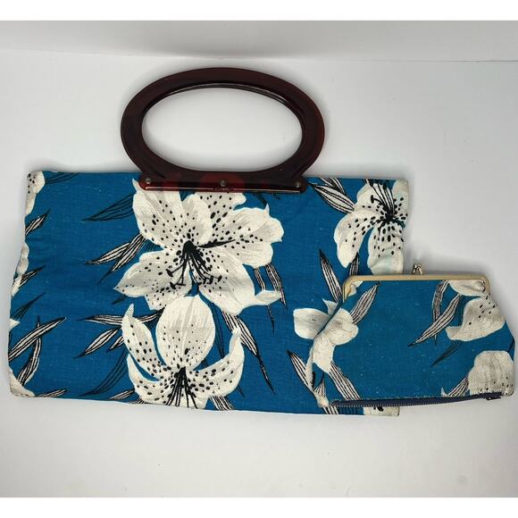 VTG 1960's Hawaiian Tote Purse Convertible Bag W/ Lucite Handles & Coin Purse - Picture 1 of 16